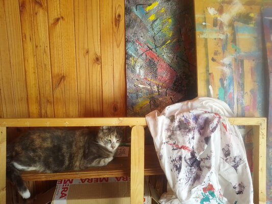 Irma Engelbrecht in the Studio: My cat "Bibi"  loves to watch me paint....