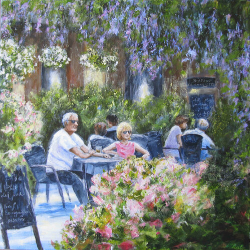 au bistrot sous la glycine by Brigitte Di Scala, Painting for Sale on Select