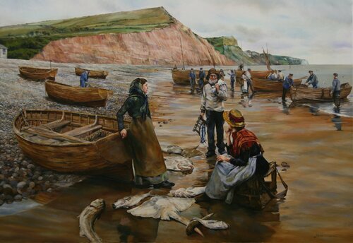 A FISH SALE ON SIDMOUTH BEACH by Peter Goodhall, Painting for Sale on Select
