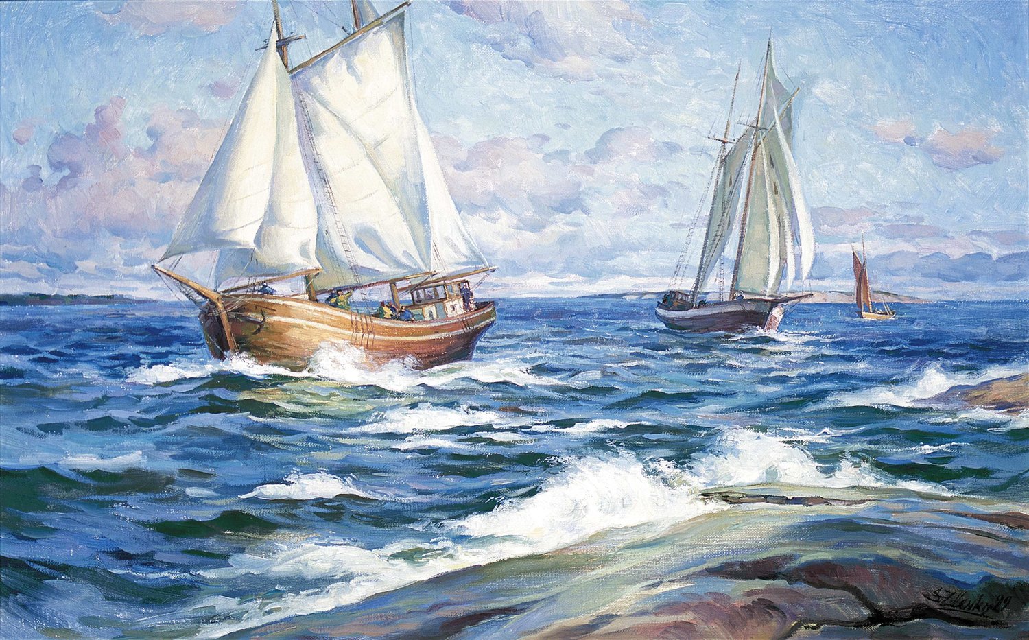 Saling boats  in the sea. Serguei Zlenko Original painting for sale