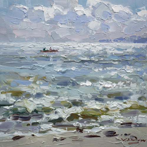 Lights of the lake by Vadim Dolgov, Painting for Sale on Select