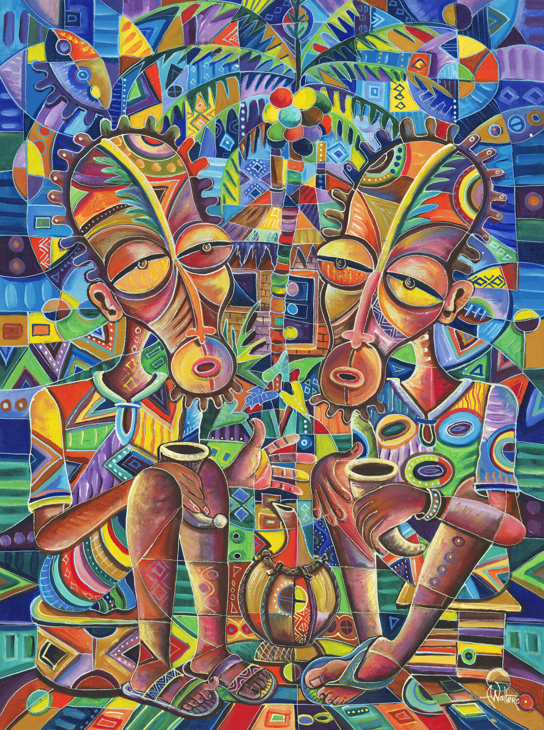 The Happy Villagers IV friends drink wine Angu Walters Original painting for sale