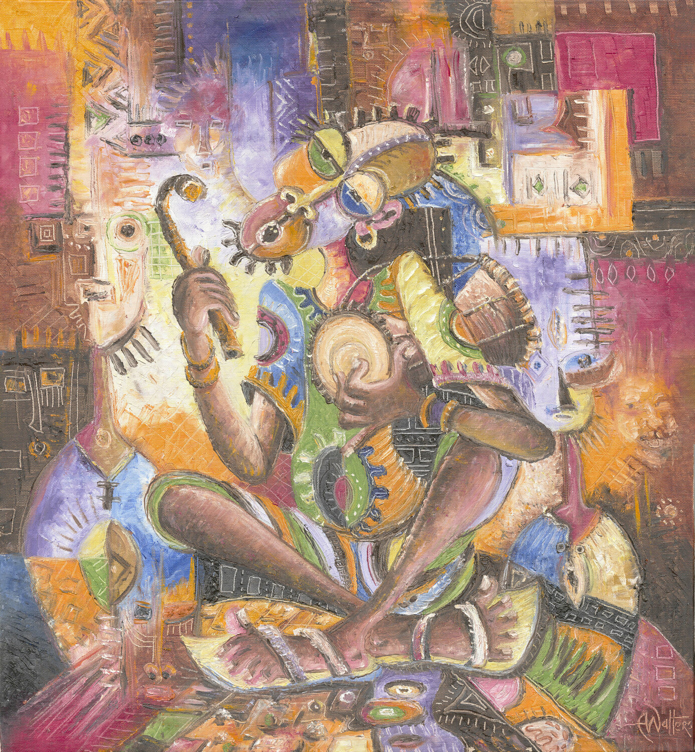 The African Drummer surreal art from Africa Angu Walters Original painting for sale