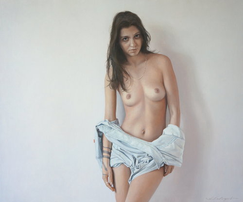 Akt mit blauen Hemd by Sergej Sologub, Painting for Sale on Select