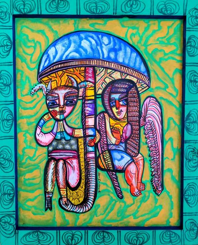 You two and an umbrella, are you keeping us from sins! by Laurentiu Dimisca, Painting for Sale on Select
