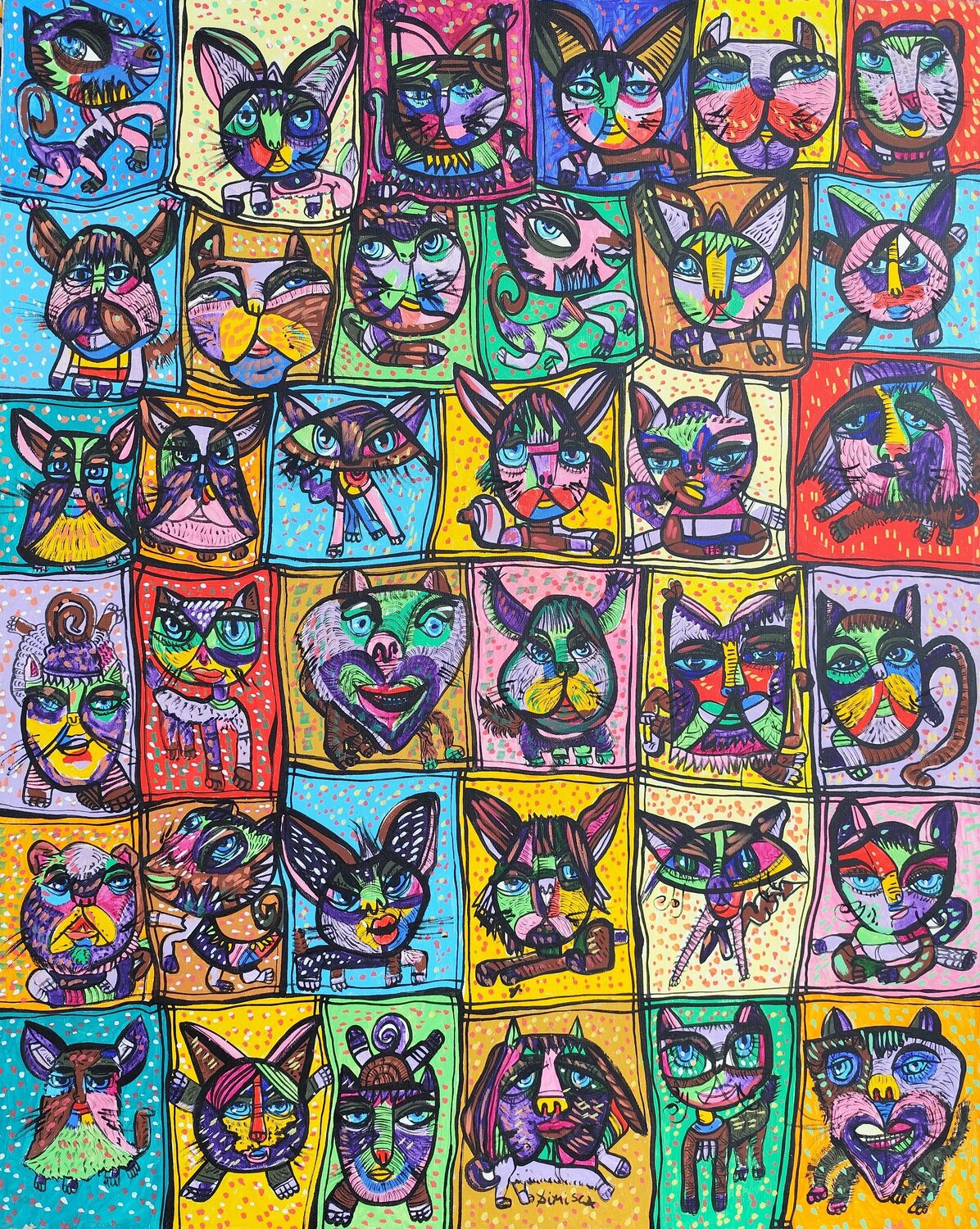 The reincarnation of cats Laurentiu Dimisca Original painting for sale