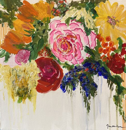 Roses et rayures orange by Florence Maraine Bertrand, Painting for Sale on Select
