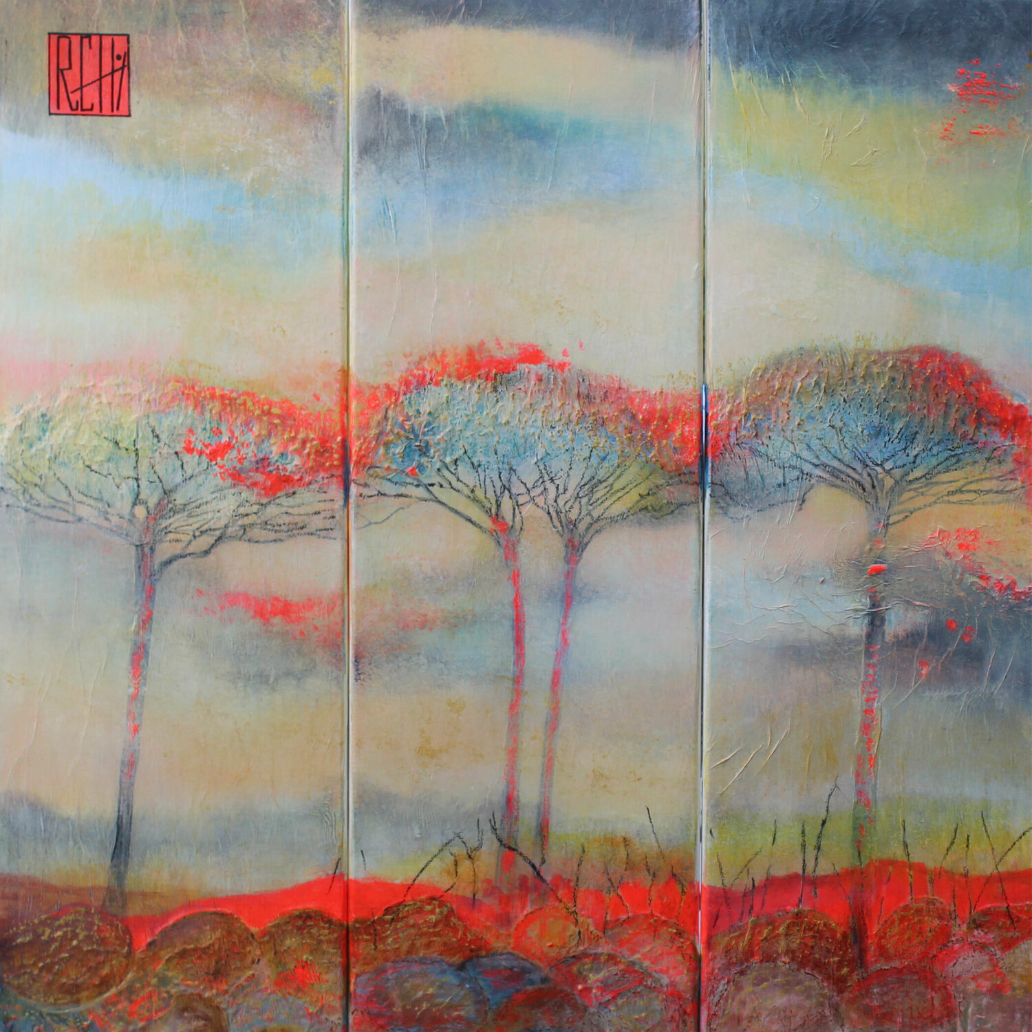 Triptyque A feu et à sang Ly-Rose Original painting for sale