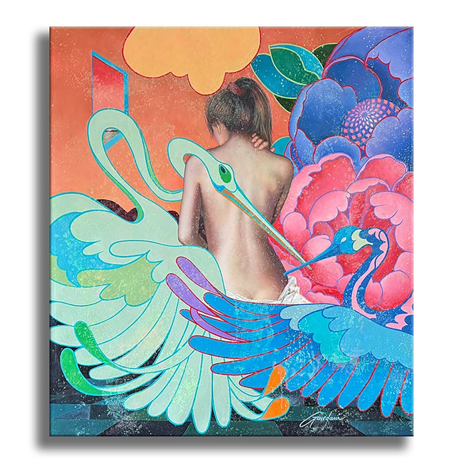 The Guardian Cranes  - Original Painting on Canvas Gardani Original painting for sale