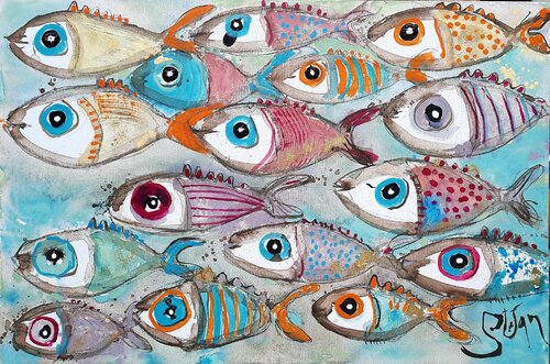 Swiming with my friends by Stefan Dimovski, Painting for Sale on Select