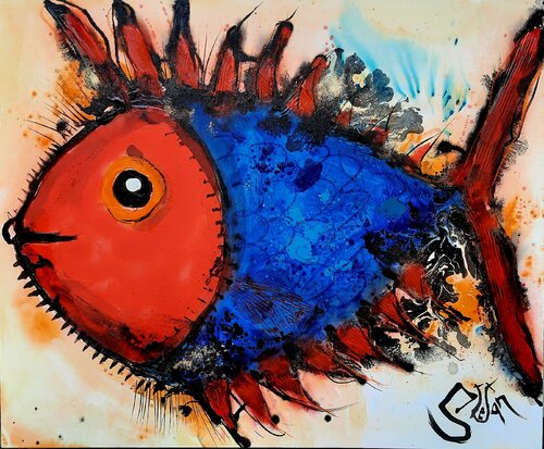 Blue punker with red fins by Stefan Dimovski, Painting for Sale on Select