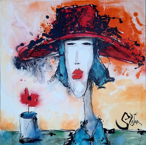 Model with red hat by Stefan Dimovski, Painting for Sale on Select