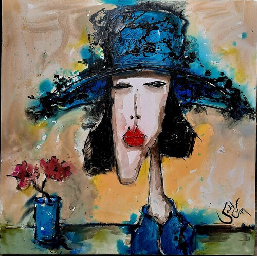 Girl with blue hat by Stefan Dimovski, Painting for Sale on Select