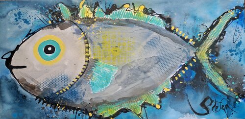 Blue and yelow harmony of the sea by Stefan Dimovski, Painting for Sale on Select