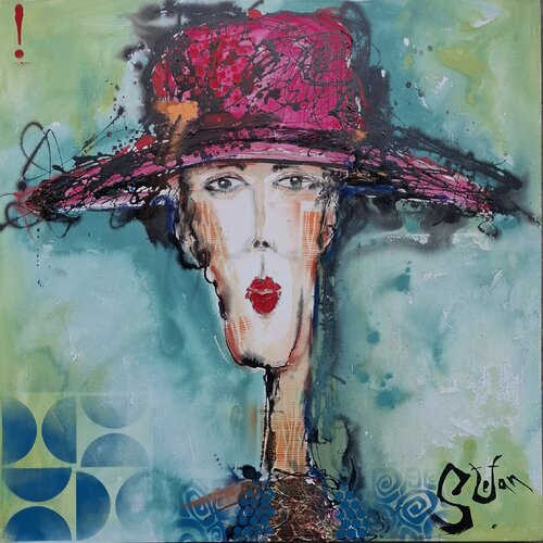 Lady with a pink hat by Stefan Dimovski, Painting for Sale on Select