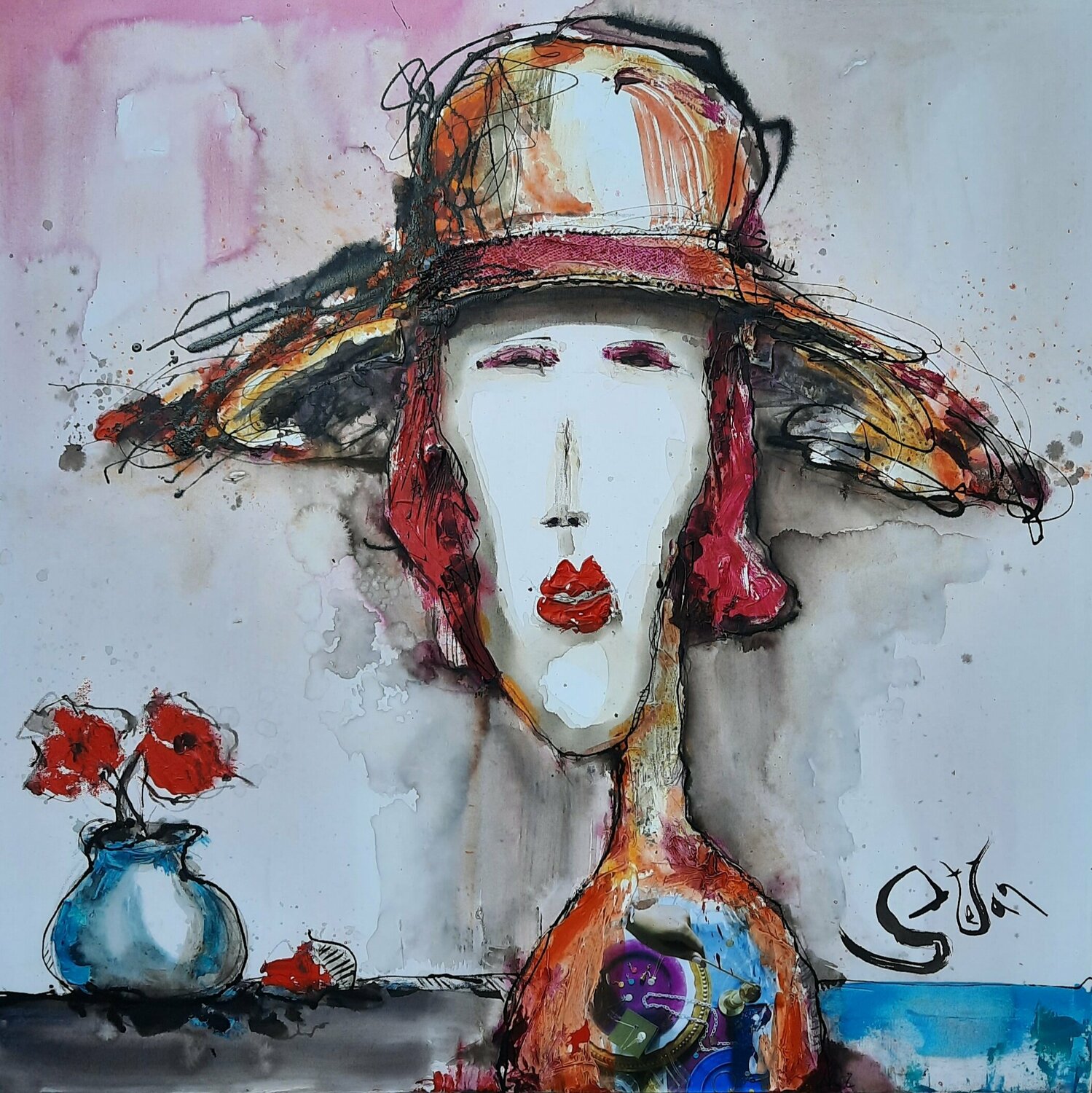 Girl with hat and flowers Stefan Dimovski Original painting for sale