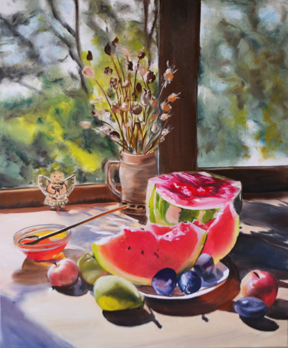 Still Life with a Watermelon by Valeria Radzievska, Painting for Sale on Select
