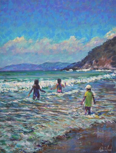 Provence beach, three children playing. by Peter Wood, Painting for Sale on Select