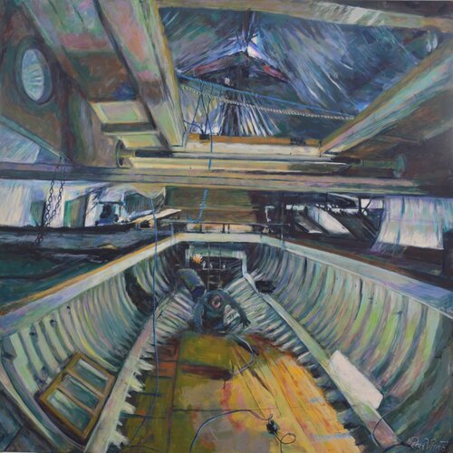 Interior of a traditional racing yacht at Barton boatyard by Peter Wood, Painting for Sale on Select