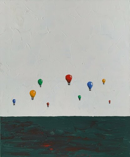 Red, Yellow, blue air balloons. Abstract landscape. by Vita Schagen, Painting for Sale on Select