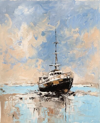 Waiting for the Tide. The Old Trawler, ship. by Vita Schagen, Painting for Sale on Select