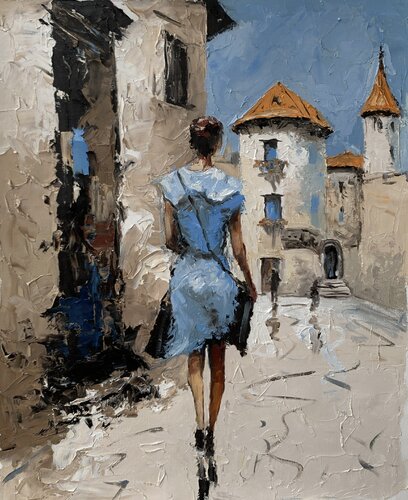 Lady in Blue. Old Town Stroll. Woman, walking away, city life. by Vita Schagen, Painting for Sale on Select