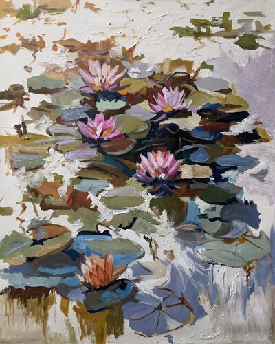 Summer Pond. Pink Water Lilies. by Vita Schagen, Painting for Sale on Select