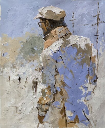 Waiting man in Blue. by Vita Schagen, Painting for Sale on Select