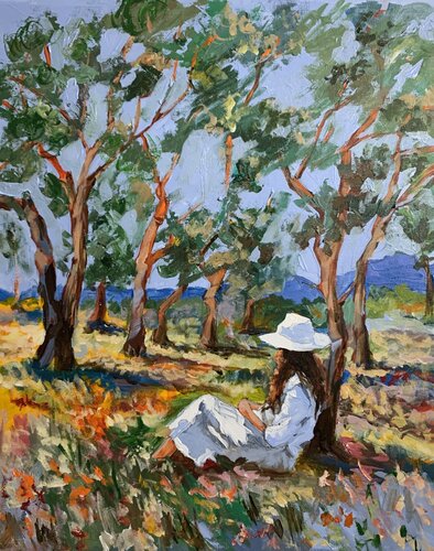 Woman Reading in a Sunlit Grove. by Vita Schagen, Painting for Sale on Select