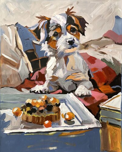 Puppy dog with Birthday Cake. by Vita Schagen, Painting for Sale on Select
