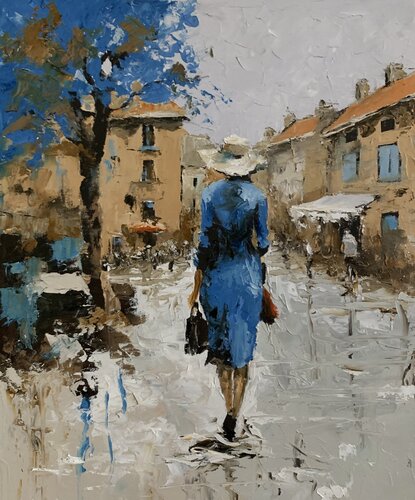 Woman in Blue, Street Scene. Woman, walking away, city life. by Vita Schagen, Painting for Sale on Select