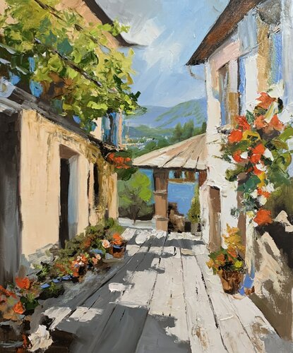 Sunlit Village, Mediterranean Courtyard. by Vita Schagen, Painting for Sale on Select