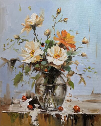 Wildflower Bouquet in Glass Vase. by Vita Schagen, Painting for Sale on Select