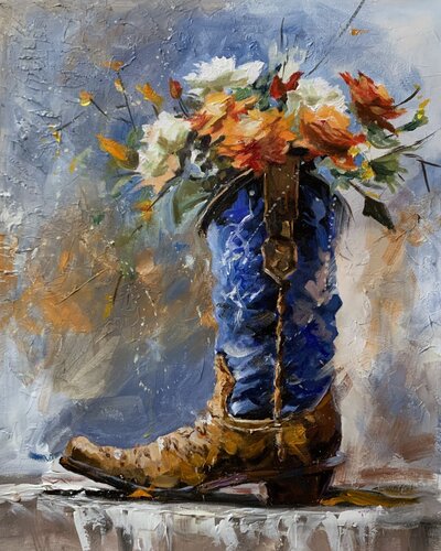 Blue Cowboy Boot with Wildflowers von Vita Schagen, Malerei kaufen auf Select