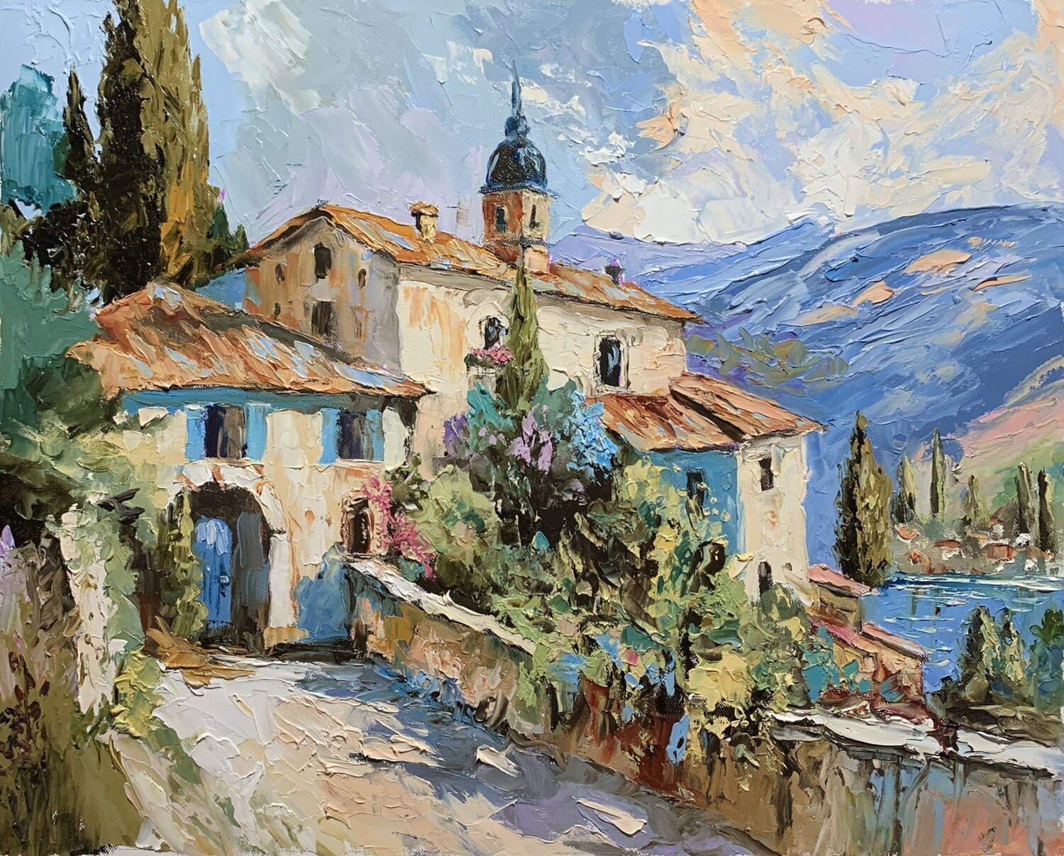Tuscan villa on the lake. Vita Schagen Original painting for sale