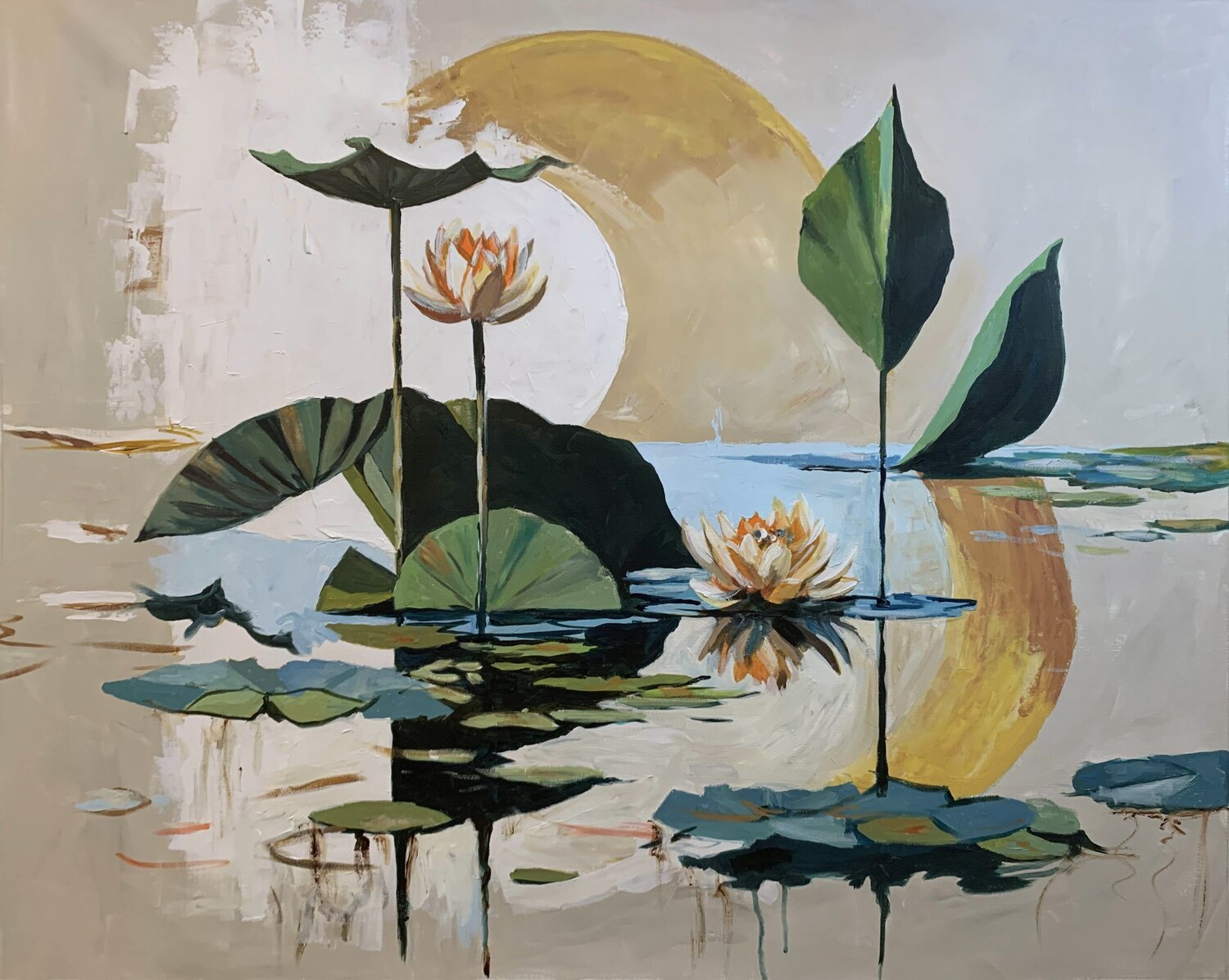 Golden Pond. Semi Abstract Water Lilies. Vita Schagen Original painting for sale