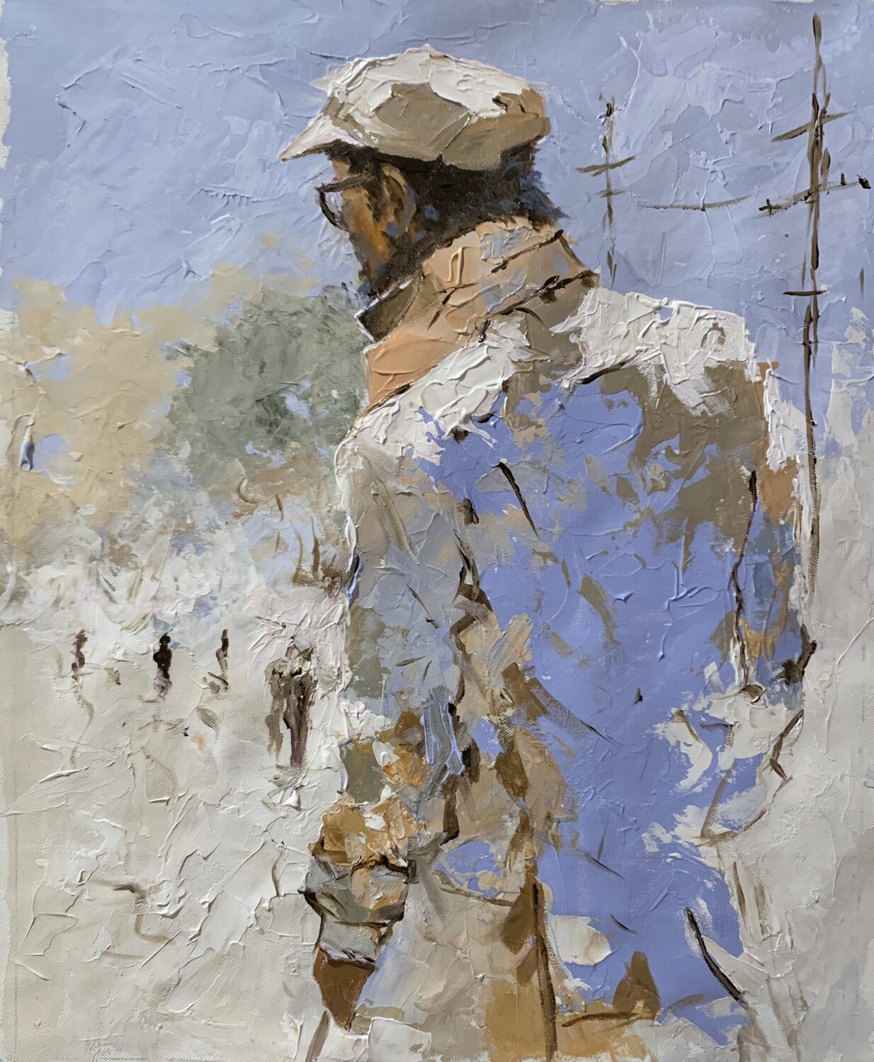 Waiting man in Blue. Vita Schagen Original painting for sale