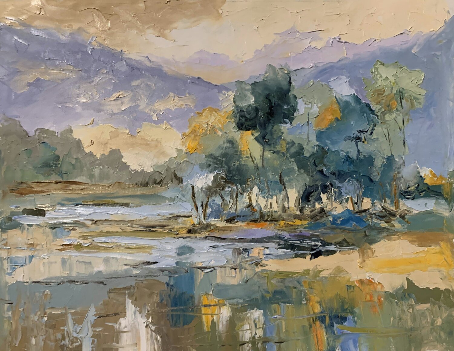 Quiet Riverbank. Green Landscape. Vita Schagen Original painting for sale