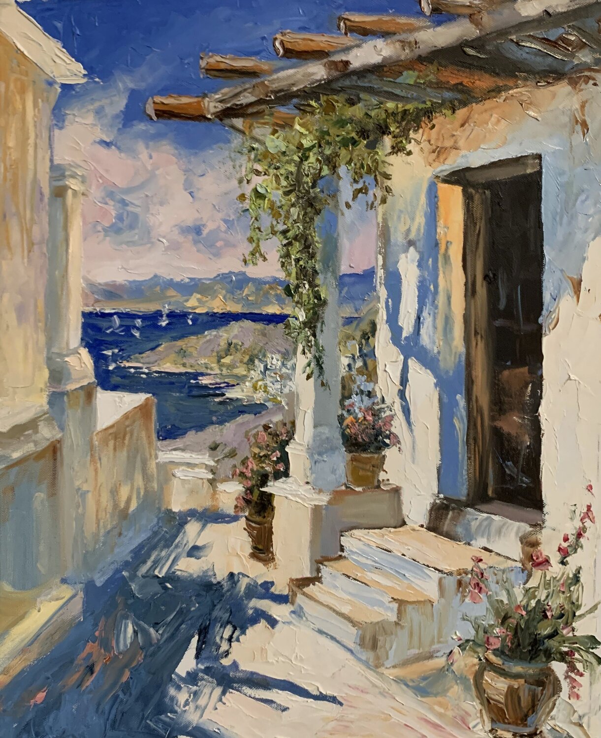 Mediterranean Sea View Terrace. Vita Schagen Original painting for sale