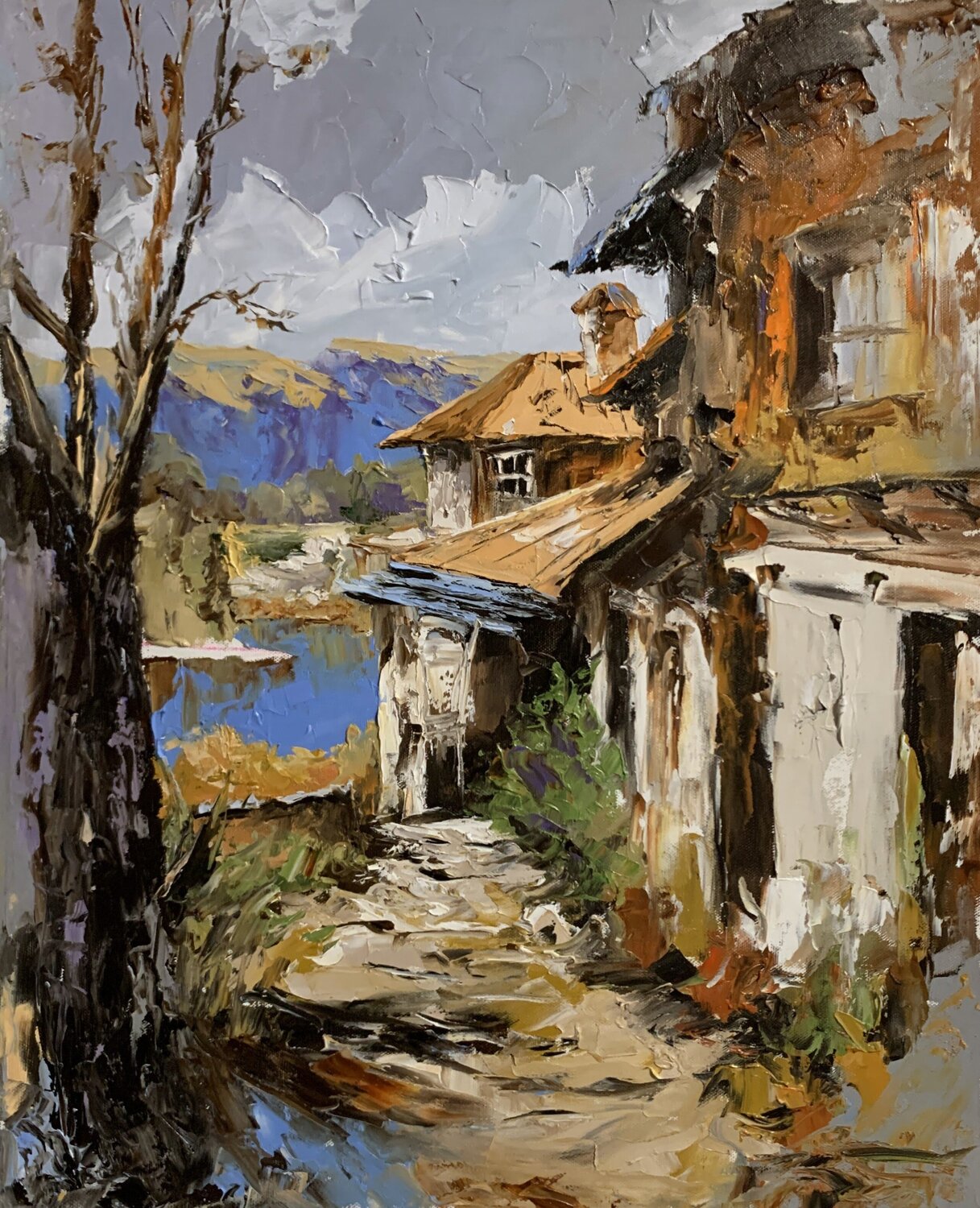 Rustic Village Landscape by the Water. Vita Schagen Original painting for sale