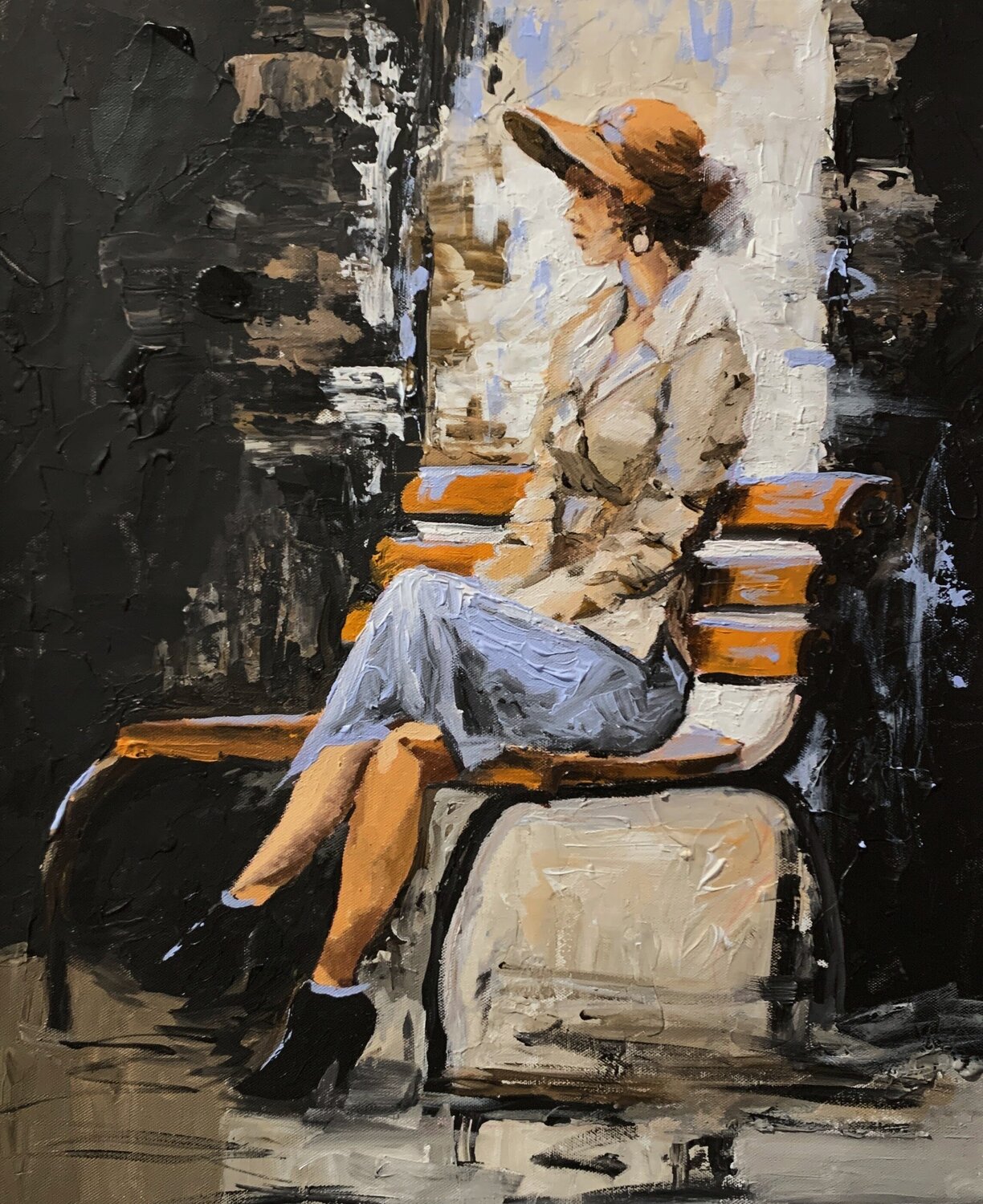 Elegant Woman on a Bench. Vita Schagen Original painting for sale