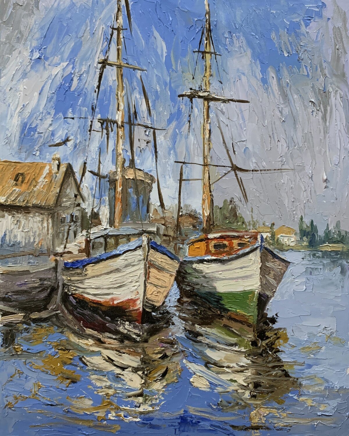 Harbor, Boats Reflection. Vita Schagen Original painting for sale
