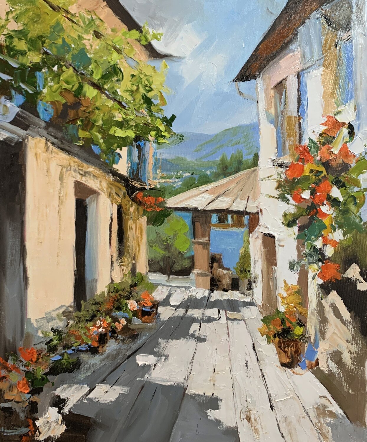 Sunlit Village, Mediterranean Courtyard. Vita Schagen Original painting for sale