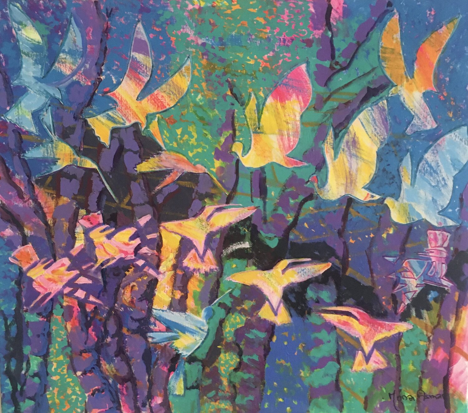 BIRDS WORLD ENIGMA Mona Asmar Hecker Original painting for sale