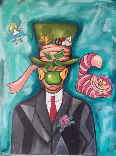 The son of the mad hatter in Wonderland  ( Le Fils de l'Homme Tribute) by Cinthya Picazo, Painting for Sale on Select