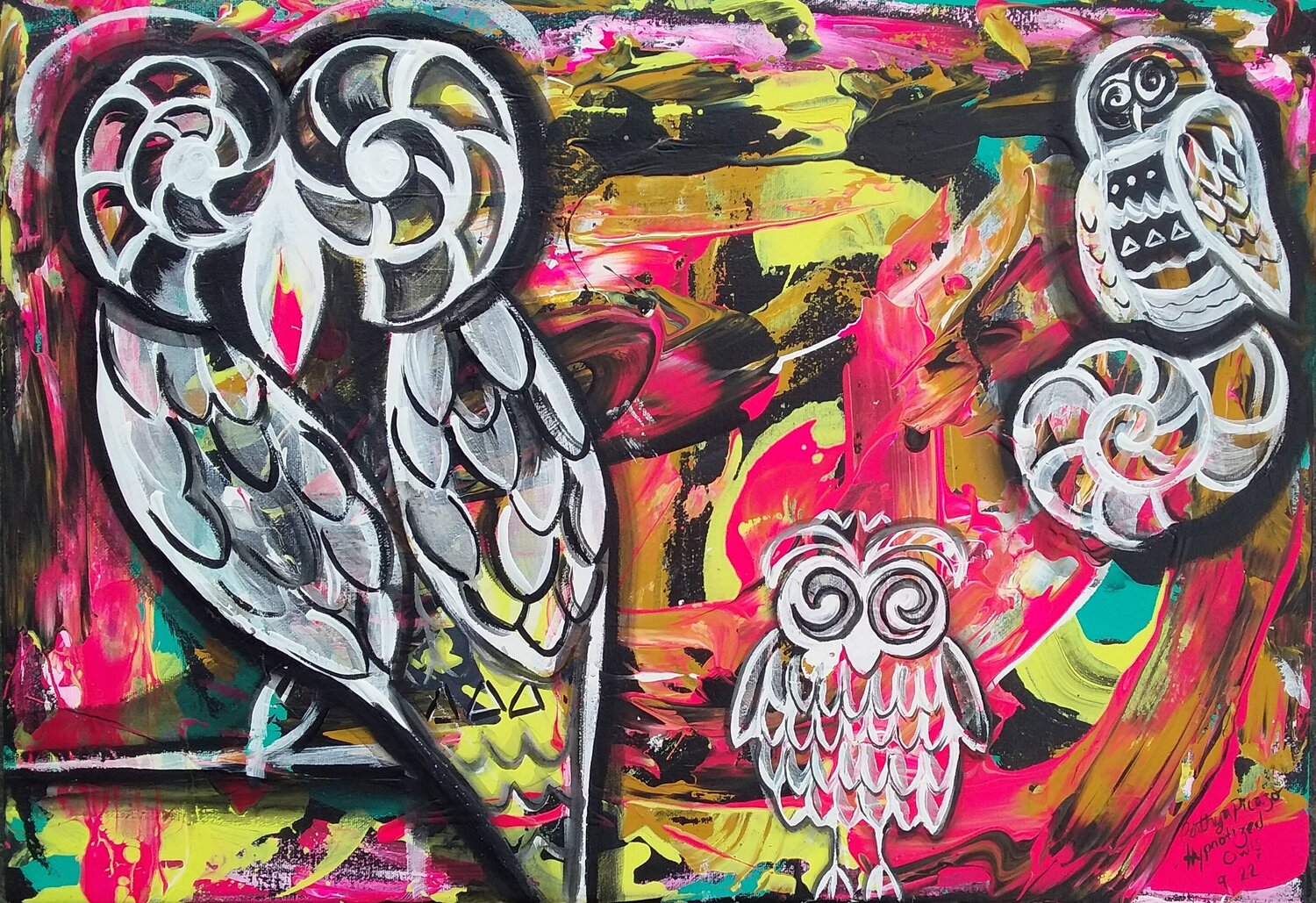 Hypnotized Owls Cinthya Picazo Original painting for sale