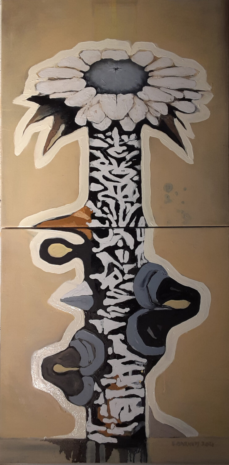Post Industrial Flower/ Black eyed Susan Brenda Barnum Original painting for sale