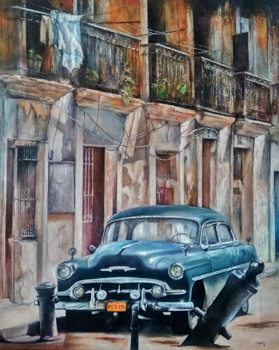 Blue car- Habana by Tomás Castaño, Painting for Sale on Select