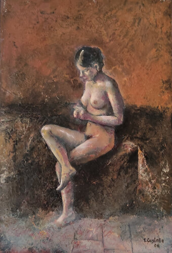 Mujer reflexionando sobre la cama by Tomás Castaño, Painting for Sale on Select