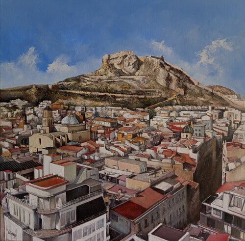 Panorámica de Alicante con el Castillo de Santa Bárbara al fondo by Tomás Castaño, Painting for Sale on Select
